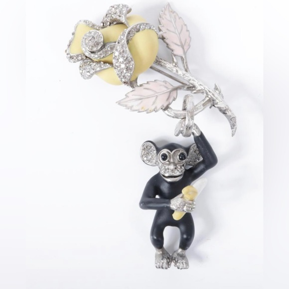 Ciner Jewelry - Cinder x Patch NYC Yellow‎ Rose Pin with dangling figural monkey